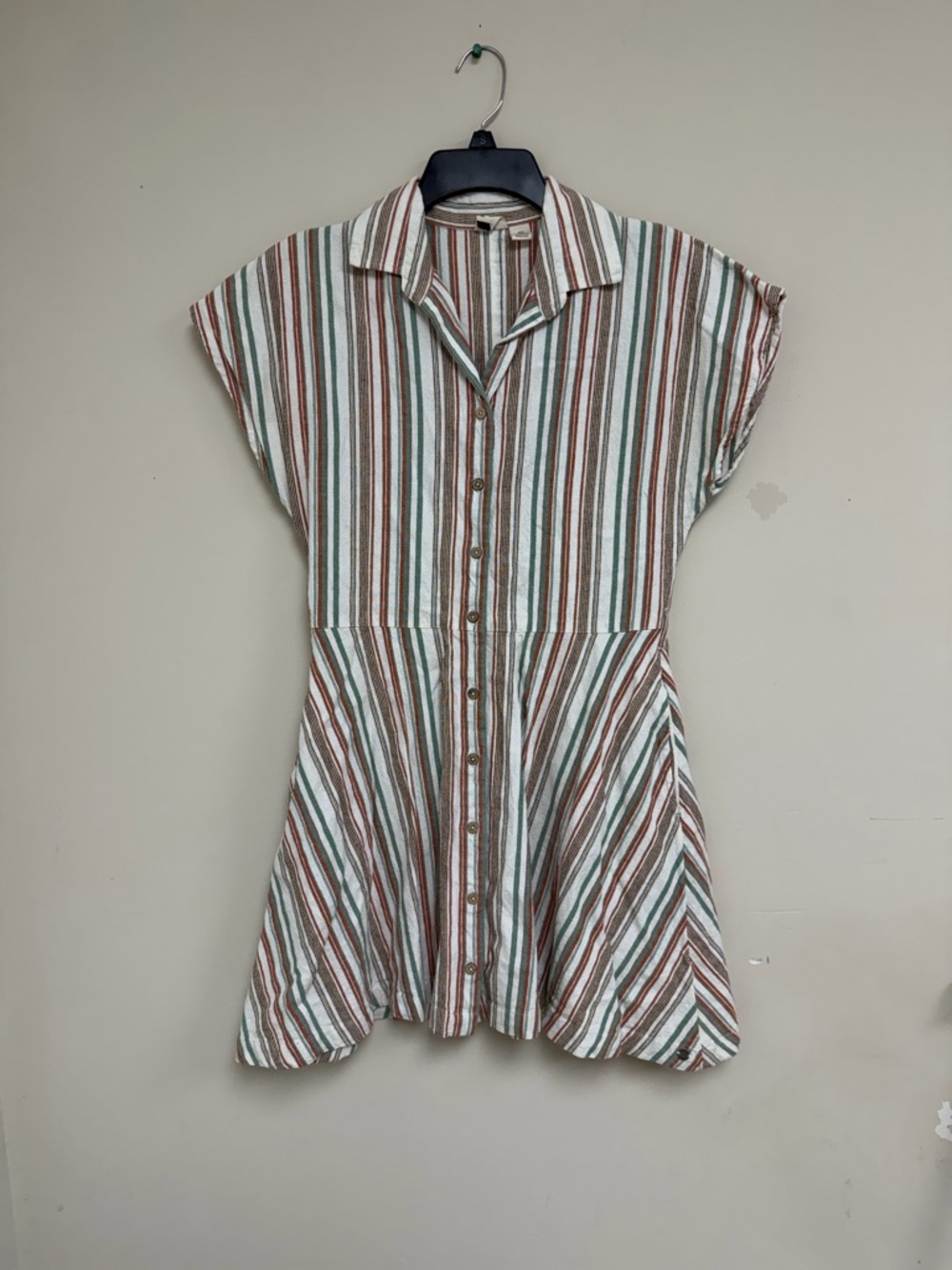 Roxy Striped Button-Front Shirt Dress in Cream, Brown & Green